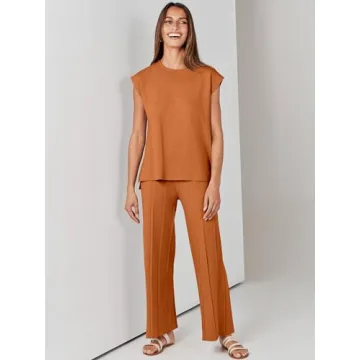 ANRABESS Women 2 Piece Outfits Casual Summer Sleeveless Tops Knit Pants Sweater Lounge Matching Sets 2025 Trendy Clothes Rust Medium