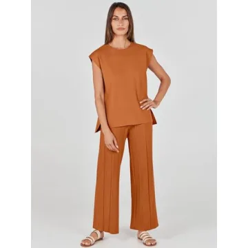 ANRABESS Women 2 Piece Outfits Casual Summer Sleeveless Tops Knit Pants Sweater Lounge Matching Sets 2025 Trendy Clothes Rust Medium