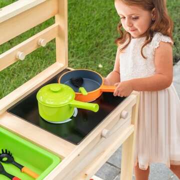 Wooden Mud Kitchen for 3-8years girls and boys solid wood Kitchen Play set Outdoor Wooden Backyard Pretend toy role Play Kitchen with Removable large size, Kitchen accessories, Stove