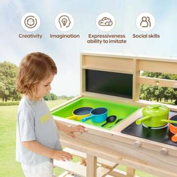 Wooden Mud Kitchen for 3-8years girls and boys solid wood Kitchen Play set Outdoor Wooden Backyard Pretend toy role Play Kitchen with Removable large size, Kitchen accessories, Stove