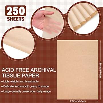250 Pcs 30 x 20 Inch Acid Free Archival Tissue Paper No Acid Unbuffered Interleaving Paper for Cloth...