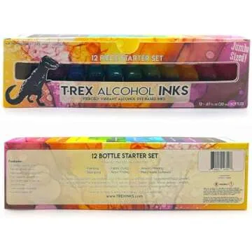 T-Rex Inks Premium Alcohol Inks Starter Set- 12 Vibrant XL Colors - Alcohol Ink for Epoxy Resin Dye, Painting, Tumbler Making & More - Storage Box & Alcohol Ink Blending Solution - 20ml Bottles