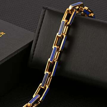 通用 10mm Blue Lapis Lazuli Stainless Steel Bracelet For Men 18K Gold Lazurite Bracelet (Gold, 8inches)
