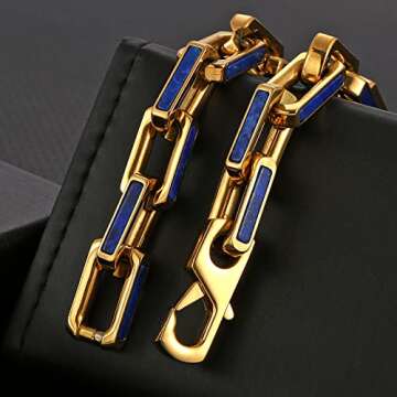 通用 10mm Blue Lapis Lazuli Stainless Steel Bracelet For Men 18K Gold Lazurite Bracelet (Gold, 8inches)