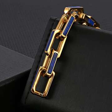 通用 10mm Blue Lapis Lazuli Stainless Steel Bracelet For Men 18K Gold Lazurite Bracelet (Gold, 8inches)