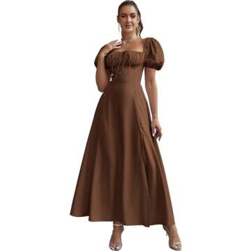 KUTUMAI Women's Summer Off Shoulder Maxi Dress Puff Sleeve A Line Flowy Ruffle Swing Split Long Dresses Brown XL