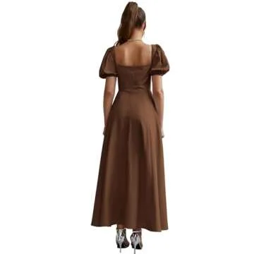 KUTUMAI Women's Summer Off Shoulder Maxi Dress Puff Sleeve A Line Flowy Ruffle Swing Split Long Dresses Brown XL