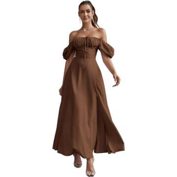 KUTUMAI Women's Summer Off Shoulder Maxi Dress Puff Sleeve A Line Flowy Ruffle Swing Split Long Dresses Brown XL