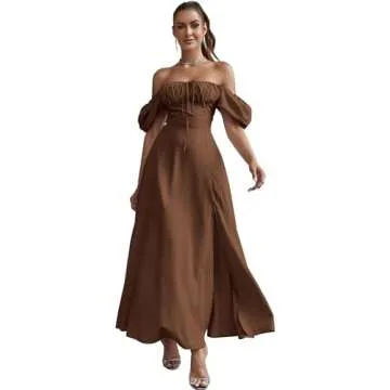 KUTUMAI Women's Summer Off Shoulder Maxi Dress Puff Sleeve A Line Flowy Ruffle Swing Split Long Dresses Brown XL