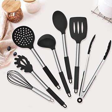 Homikit 27 Pieces Silicone Cooking Utensils Set with Holder, Kitchen Utensil Sets for Nonstick Cookware, Black Kitchen Tools Spatula with Stainless Steel Handle, Heat Resistant