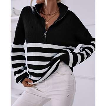 BTFBM Women 2025 Casual Long Sleeve Zip Striped Pullover Sweaters V Neck Collar Ribbed Knit Fall Win...