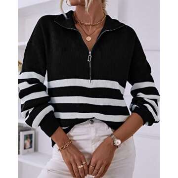 BTFBM Women 2025 Casual Long Sleeve Zip Striped Pullover Sweaters V Neck Collar Ribbed Knit Fall Winter Slouchy Jumpers(Striped Black, Small)