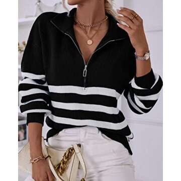 BTFBM Women 2025 Casual Long Sleeve Zip Striped Pullover Sweaters V Neck Collar Ribbed Knit Fall Winter Slouchy Jumpers(Striped Black, Small)