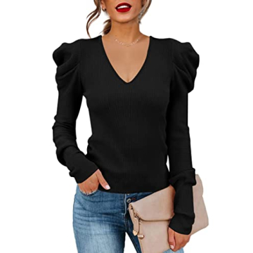 Amarmia Women's Puff Sleeve V Neck Pullover Sweater