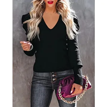Amarmia Women's Puff Sleeve V Neck Pullover Sweater