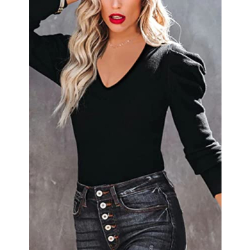 Amarmia Women's Puff Sleeve V Neck Pullover Sweater