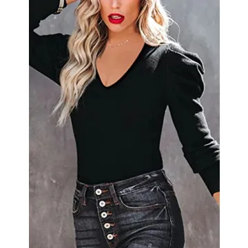 Amarmia Women's Puff Sleeve V Neck Pullover Sweater