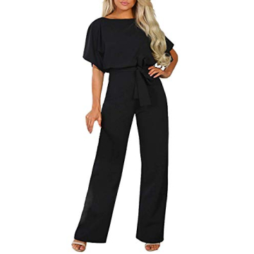 Happy Sailed Women Casual Loose Short Sleeve Belted Wide Leg Pant Romper Jumpsuits X-Large Black