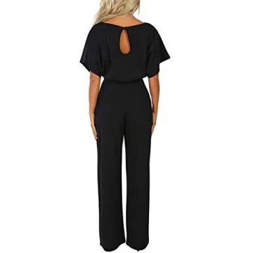 Happy Sailed Women Casual Loose Short Sleeve Belted Wide Leg Pant Romper Jumpsuits X-Large Black
