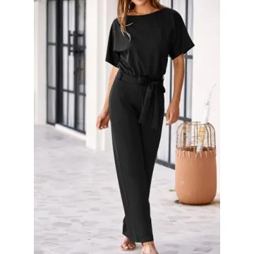 Happy Sailed Women Casual Loose Short Sleeve Belted Wide Leg Pant Romper Jumpsuits X-Large Black