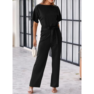 Happy Sailed Women Casual Loose Short Sleeve Belted Wide Leg Pant Romper Jumpsuits X-Large Black