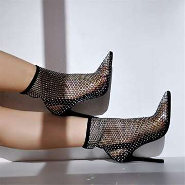 Richealnana Stripper High Heels Knitting Stiletto Pumps Sexy Pointed Toe Party Shoes Rhinestone Studded Fishnet Stockings High Thigh Sandal for Women Black Size 11