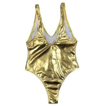 YAUASOPA Sexy Liquid Metallic Glitter One Piece Push Up Swimsuit Female Shiny Solid High Cut Beachwear (US(6-8) L, Shiny Gold)
