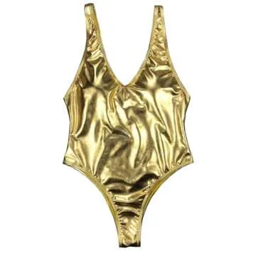 YAUASOPA Sexy Liquid Metallic Glitter One Piece Push Up Swimsuit Female Shiny Solid High Cut Beachwear (US(6-8) L, Shiny Gold)