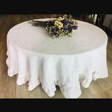AMZALI Round Table Cloth, Washable Cotton Linen Tablecloth Flounces Fabric Dust-Proof Table Cover for Kitchen Dinner Picnic Tabletop Home Decoration (Round 60 inch)