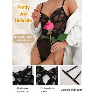 Kaei&Shi Sexy Teddy Lingerie, Deep V Underwire Floral Lace Bodysuit