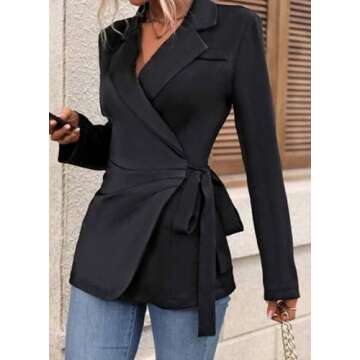 Women's Casual Black Plain Belted Blazer Lapel Long Sleeve Work Office Wrap Blazer Jackets