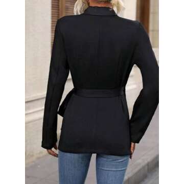 Women's Casual Black Plain Belted Blazer Lapel Long Sleeve Work Office Wrap Blazer Jackets
