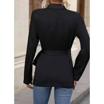 Women's Casual Black Plain Belted Blazer Lapel Long Sleeve Work Office Wrap Blazer Jackets