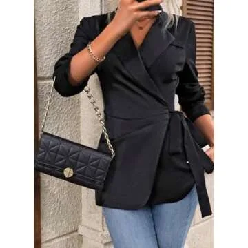 Women's Casual Black Plain Belted Blazer Lapel Long Sleeve Work Office Wrap Blazer Jackets