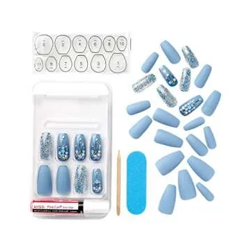 KISS Masterpiece One-Of-A-Kind Luxe Mani, Long Length, Premium Acrylic Fake Nails, Style “Cruise Party”, with Pink Gel Nail Glue, Manicure Stick, Mini File, & 30 False Nails Including 12 Accent Nails