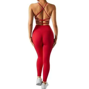 RXRXCOCO Ribbed Workout Sets for Women 2 Piece Backless Strappy Sports Bra Seamless Leggings Matching Set Yoga Outfits Red Small