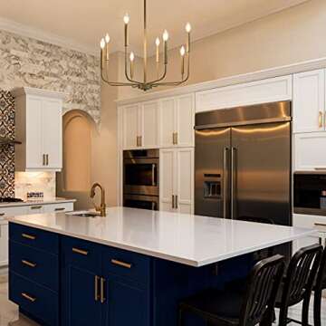 LALUZ Antique Gold Chandelier, Modern Farmhouse Light Fixture for Dining Room, Bedroom, Foyer, Living Room, Kitchen Island, Entryway (Upgraded Version, 2 Types of Height 8 Arms)