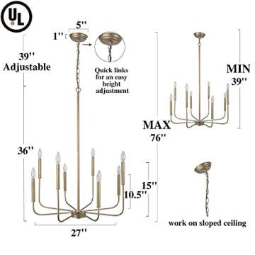 LALUZ Antique Gold Chandelier, Modern Farmhouse Light Fixture for Dining Room, Bedroom, Foyer, Living Room, Kitchen Island, Entryway (Upgraded Version, 2 Types of Height 8 Arms)