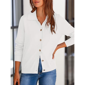 PRETTYGARDEN Summer Cardigan for Women Dressy Long Sleeve Knitted Button Down Shirts Collar St Patricks Day Shirt Women (White, Small)