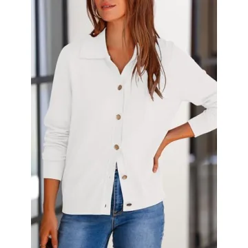 PRETTYGARDEN Summer Cardigan for Women Dressy Long Sleeve Knitted Button Down Shirts Collar St Patricks Day Shirt Women (White, Small)