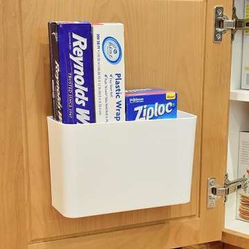 Youngever Plastic Adhesive Storage Organizer Bin for Cabinet, Pantry, Organizer for Ziplock Bag, Plastic and Paper Wrap, Aluminum Foil, Cleaning Brushes, Kitchen Gadgets