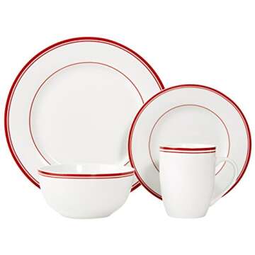 Amazon Basics 16-Piece Cafe Stripe Kitchen Dinnerware Set, Plates, Bowls, Mugs, Service for 4, Red