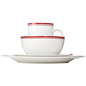 Amazon Basics 16-Piece Cafe Stripe Kitchen Dinnerware Set, Plates, Bowls, Mugs, Service for 4, Red