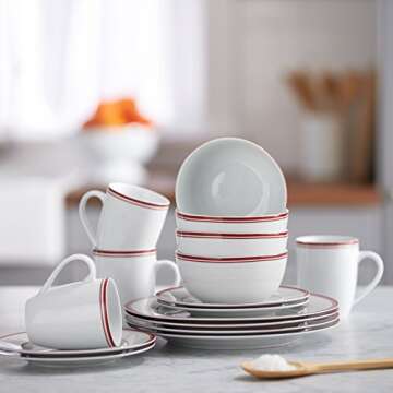 Amazon Basics 16-Piece Cafe Stripe Kitchen Dinnerware Set, Plates, Bowls, Mugs, Service for 4, Red