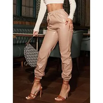Floerns Women's Drawstring High Waisted Cropped Tapered Pu Leather Pants Apricot M