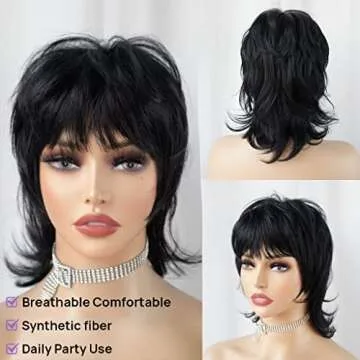 StrRid Short Black Shaggy Layered 80s Mullet Pixie Wig with Bangs Wolf Cut Curly Synthetic Natural Funny Adult Fake Fun Hair Replacement Wigs for White Women Daily Party Cosplay Costume Halloween Use