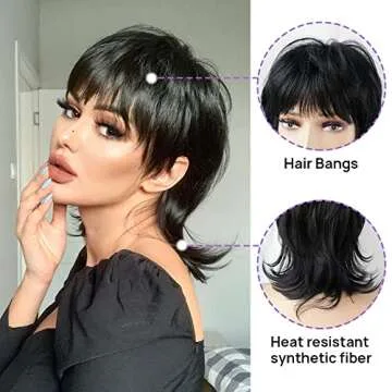 StrRid Short Black Shaggy Layered 80s Mullet Pixie Wig with Bangs Wolf Cut Curly Synthetic Natural Funny Adult Fake Fun Hair Replacement Wigs for White Women Daily Party Cosplay Costume Halloween Use