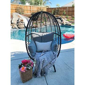 Mod Furniture Poppy Outdoor Boho Oversized Cushions, Space-Saving Chic Shaped Patio, Sunroom, or Deck, Stationary Egg Chair, Light Grey