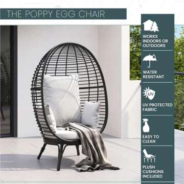 Mod Furniture Poppy Outdoor Boho Oversized Cushions, Space-Saving Chic Shaped Patio, Sunroom, or Deck, Stationary Egg Chair, Light Grey