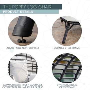 Mod Furniture Poppy Outdoor Boho Oversized Cushions, Space-Saving Chic Shaped Patio, Sunroom, or Deck, Stationary Egg Chair, Light Grey